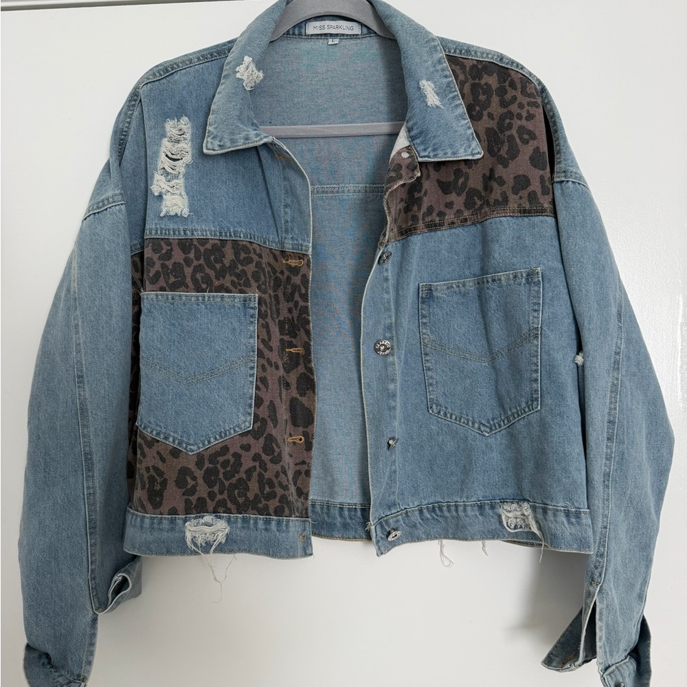 Leopard Patchwork Distressed Denim Jacket - Light Blue
